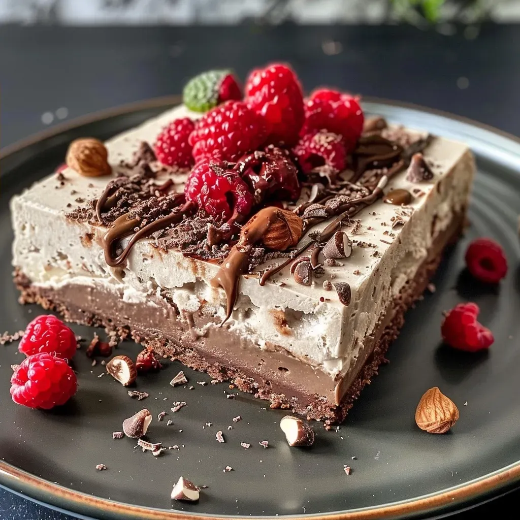 Close-up view of a moist protein torte topped with peanuts and caramel.