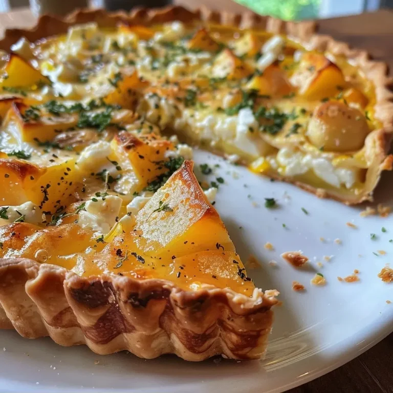 ['Close-up of a slice of protein-rich pumpkin quiche topped with crumbled feta.', 'Side view of a golden brown pumpkin quiche with visible ingredients including feta and herbs.', 'Detailed image of a savory pumpkin quiche, highlighting its texture and rich toppings.', 'A freshly baked slice of pumpkin quiche garnished with seeds on a white plate.']