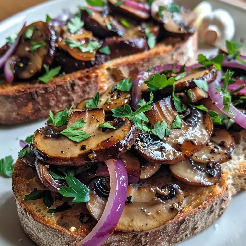 ['Close-up of high-protein vegan toasts topped with mushrooms and caramelized onions.', 'Side view of vibrant and colorful toast with visible mushrooms and herbs.', 'Juicy vegan toast featuring golden caramelized onions and a sprinkle of parsley.', 'Deliciously arranged butter bean and mushroom toast garnished with chili flakes.']