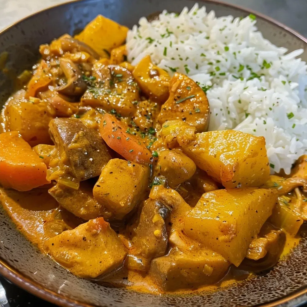 Close-up view of creamy Hokkaido pumpkin puree on a white plate, with visible spices and seasoning.