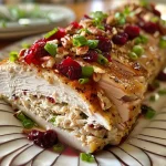 ['Close-up view of turkey roll-ups with cranberry and pecans on a white plate.', 'Side view of turkey slices rolled with cream cheese, cranberries, and pecans.', 'Delicious turkey roll-ups featuring bright red cranberries and chopped pecans.', 'Tasty turkey and cream cheese roll-ups garnished with green onions and cranberries.']