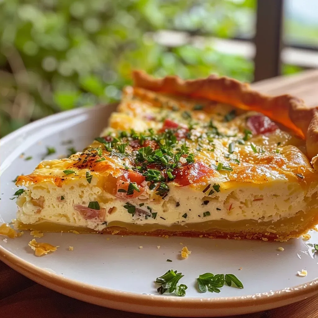 ['Close-up view of a golden-brown Quiche with Topinambur, showcasing its flaky crust and creamy filling.', 'Side perspective of a delicious Quiche filled with Topinambur, highlighting the texture of the dough and ingredients inside.', 'Detailed shot of a freshly baked Quiche mit Topinambur, featuring a crisp outer layer and rich creamy filling.', 'Close-up image of a savory Topinambur Quiche, emphasizing the vibrant ingredients and appetizing appearance.']