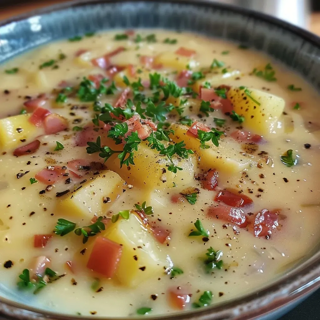 ['Close-up of creamy quince soup garnished with crispy bacon.', 'Side view of a bowl of Quittencremesuppe with specks of bacon and herbs.', 'Delicious quince cream soup with a drizzle of balsamic and crispy ham.', 'Juicy, rich quince soup featuring smoked bacon and a sprinkle of parsley.']