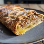 ['A close-up side view of a golden-brown Quittenstrudel topped with whipped cream.', 'Juicy Quittenstrudel displayed elegantly with a dollop of whipped cream beside it.', 'A delicious slice of Quittenstrudel with a rich golden crust and cream on the side.', 'Close-up view of flaky Quittenstrudel served with a generous portion of whipped cream.']