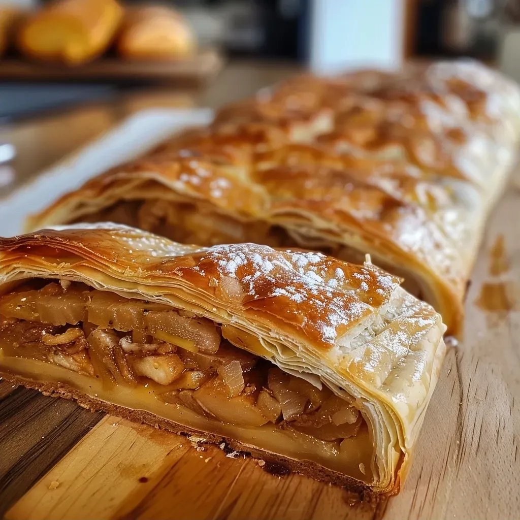 ['A close-up side view of a golden-brown Quittenstrudel topped with whipped cream.', 'Juicy Quittenstrudel displayed elegantly with a dollop of whipped cream beside it.', 'A delicious slice of Quittenstrudel with a rich golden crust and cream on the side.', 'Close-up view of flaky Quittenstrudel served with a generous portion of whipped cream.']