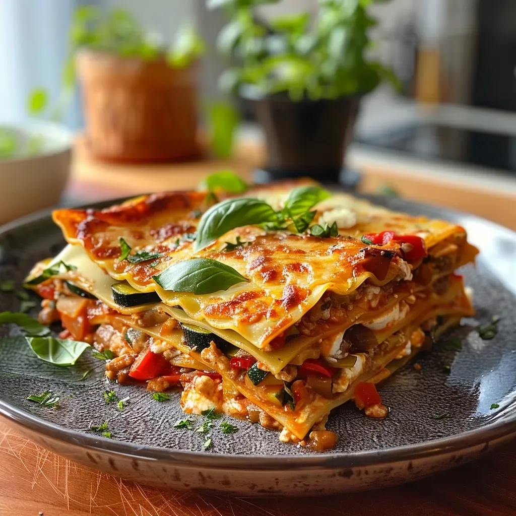 ['Close-up view of a slice of ricotta and vegetable lasagna, showcasing layers of cheese and vegetables.', 'Side view of a serving of ricotta and vegetable lasagna, highlighting melted cheese and vibrant vegetables.', 'Detailed shot of rich ricotta and vegetable lasagna with visible layers and fresh ingredients.', 'Succulent piece of veggie lasagna with a golden crust and colorful filling.']