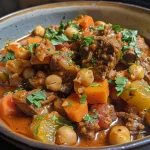 ['Close-up of beef and chickpea stew served in a rustic bowl.', 'Side view of a hearty beef and chickpea dish with vegetables.', 'Juicy beef and chickpeas in a flavorful broth with spices.', 'A delicious serving of stew with tender beef and vibrant carrots.']