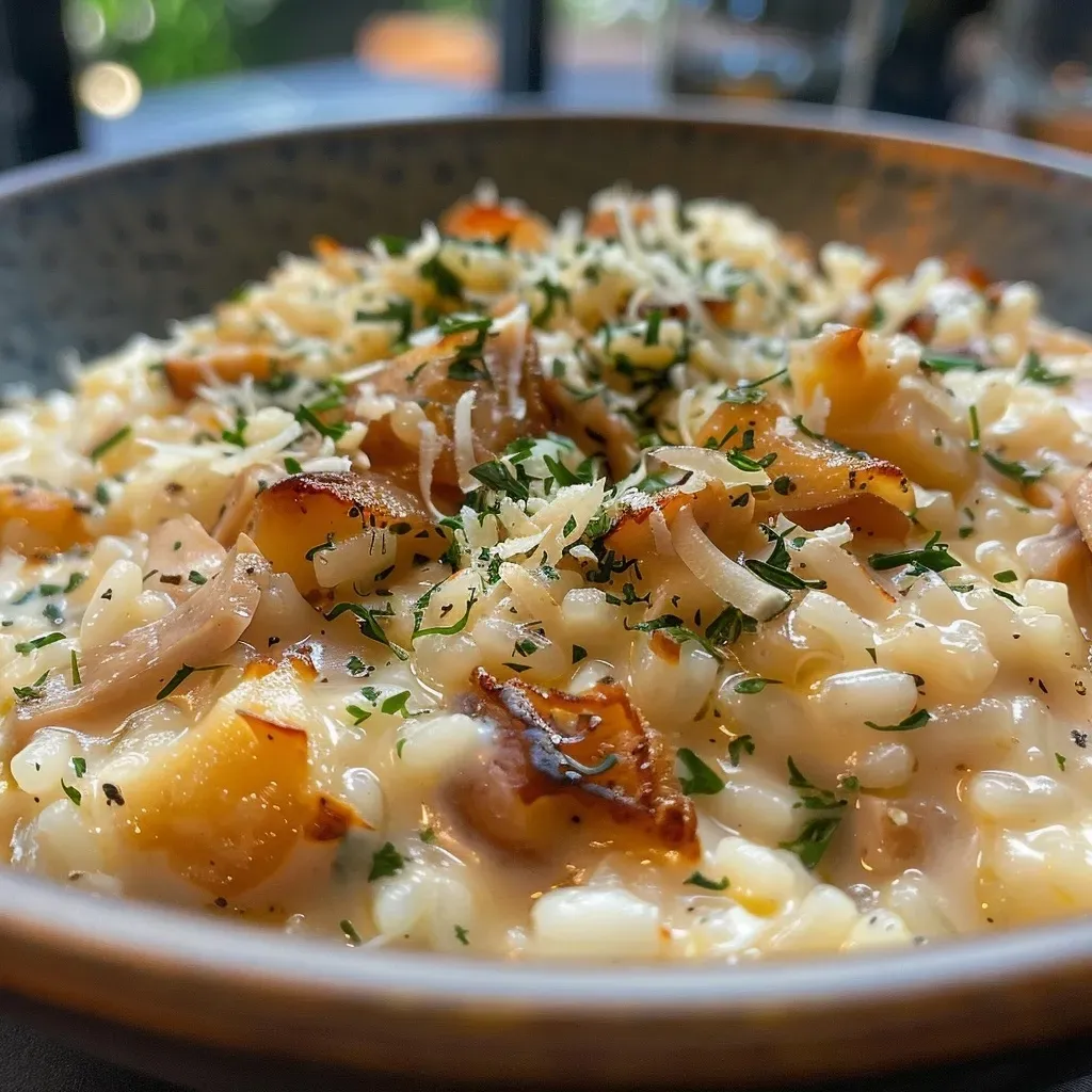 ['Close-up view of creamy Risotto alle castagne with chestnuts and herbs.', 'Side view of a hearty serving of Risotto alle castagne with a sprinkle of Parmesan.', 'Juicy, rich Risotto alle castagne displayed in a bowl, highlighting chestnuts and rice.', 'Detailed image of Risotto alle castagne featuring glistening grains and chestnuts.']