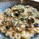 ['Close-up view of a creamy risotto dish with blueberries, Taleggio cheese, and speck.', 'Side angle of risotto ai mirtilli, featuring vibrant blueberries and melt-in-your-mouth cheese.', 'Tasty risotto highlighted with fresh blueberries and crispy speck, served in a bowl.', 'Rich risotto with a garnish of blueberries and speck, showcasing its creamy texture.']