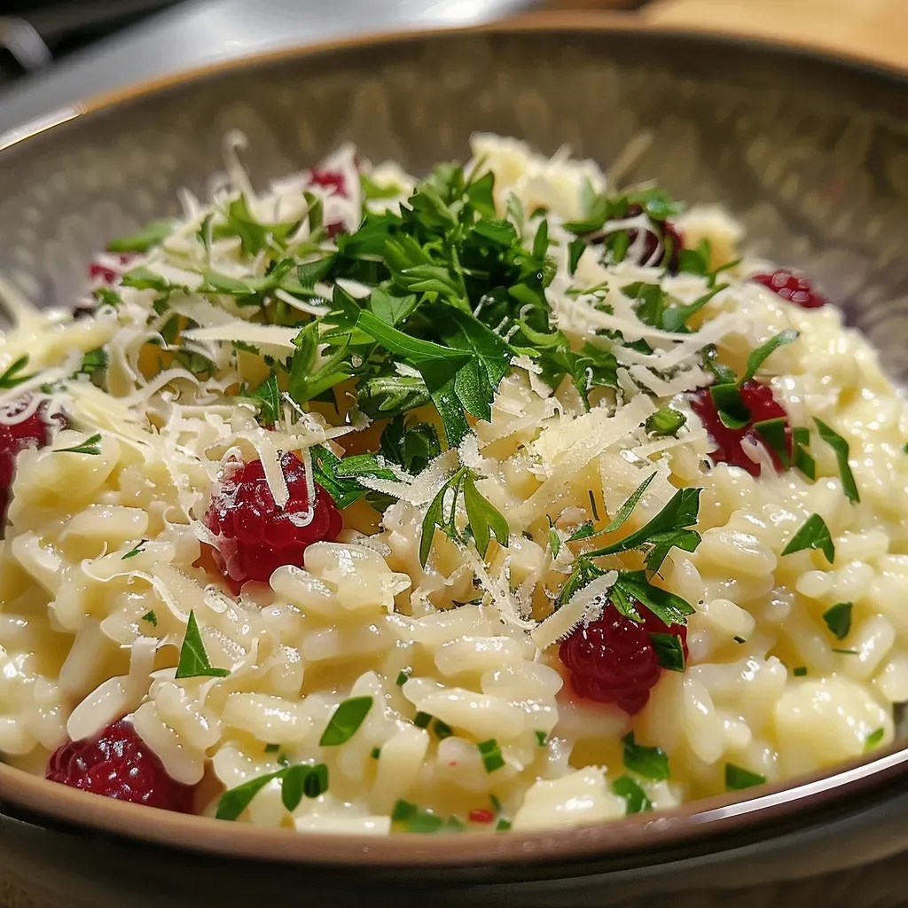 Close-up view of a creamy risotto dish with blueberries, Taleggio cheese, and speck.