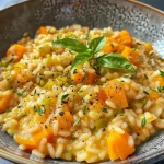 ['A close-up shot of creamy risotto with pumpkin and chestnuts.', 'Side view of a bowl of risotto garnished with herbs and chestnuts.', 'Delicious risotto featuring pieces of pumpkin and cooked chestnuts.', 'A hearty serving of risotto with visible chunks of pumpkin and chestnuts.']