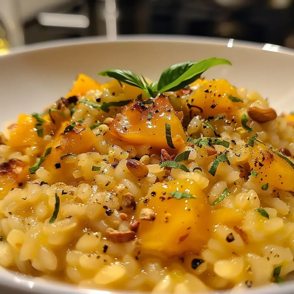['A close-up shot of creamy risotto with pumpkin and chestnuts.', 'Side view of a bowl of risotto garnished with herbs and chestnuts.', 'Delicious risotto featuring pieces of pumpkin and cooked chestnuts.', 'A hearty serving of risotto with visible chunks of pumpkin and chestnuts.']