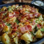 ['A close-up view of a golden-brown bacon and Brussels sprout casserole topped with melted cheese.', 'Side view of a deliciously baked Rosenkohl bacon casserole, showcasing crispy bacon and creamy layers.', 'Close-up image of a hearty Rosenkohl-Bacon-Auflauf with visible layers of Brussels sprouts and cheese.', 'Detailed side view of a bubbling casserole dish featuring Brussels sprouts and savory bacon.']