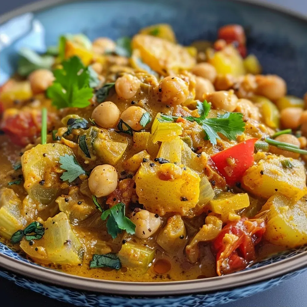 ['Close-up of vibrant Rosenkohl-Curry with chickpeas, garnished with coriander.', 'Side view of a bowl filled with Rosenkohl-Curry, showcasing its rich colors and textures.', 'Delicious vegetarian dish of Rosenkohl-Curry and chickpeas, highlighting fresh ingredients.', 'Appetizing plate of Rosenkohl-Curry, featuring roasted cashews and a coconut milk sauce.']