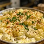 ['Close-up view of Brussels sprouts coated in creamy cheese-mustard sauce.', 'Side view of delicious Brussels sprouts in a rich creamy sauce.', 'Juicy Brussels sprouts in a bowl, topped with creamy mustard sauce.', 'Detailed shot of Brussels sprouts garnished with creamy sauce and parsley.']