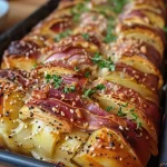 ['Close-up view of a creamy Rosenkohlauflauf with crispy bacon and golden potatoes.', 'Side angle of a bubbling casserole dish featuring brussels sprouts, potatoes, and bacon.', 'Juicy serving of Rosenkohlauflauf with succulent speck and layered potatoes.', 'Detailed shot of a baked dish showcasing brussels sprouts, cheese, and crispy edges.']