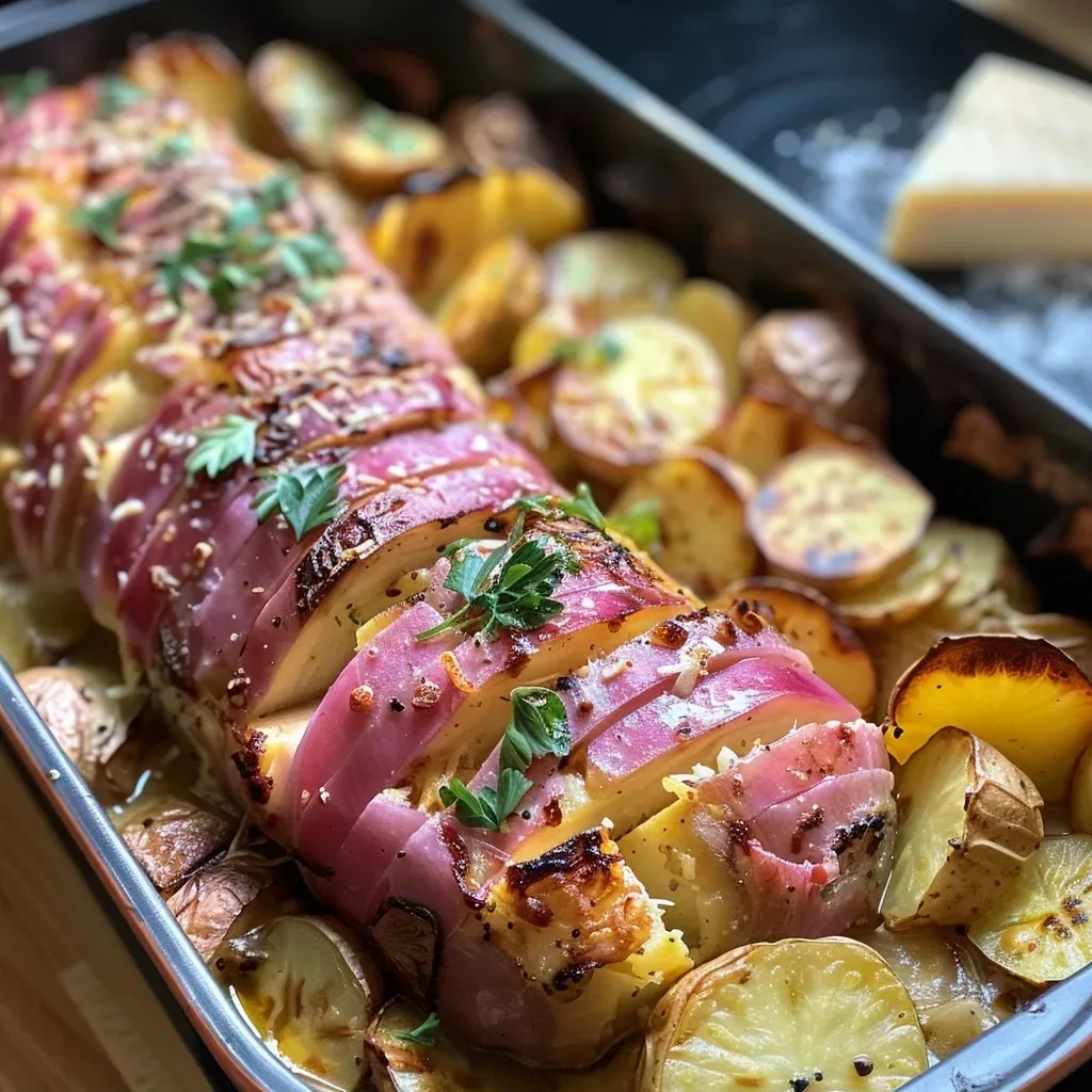 ['Close-up view of a creamy Rosenkohlauflauf with crispy bacon and golden potatoes.', 'Side angle of a bubbling casserole dish featuring brussels sprouts, potatoes, and bacon.', 'Juicy serving of Rosenkohlauflauf with succulent speck and layered potatoes.', 'Detailed shot of a baked dish showcasing brussels sprouts, cheese, and crispy edges.']