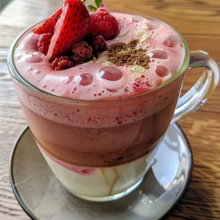 ['Close-up view of a Rote Bete Latte in a clear glass, showcasing its rich red color.', 'Side angle of Rote Bete Latte with a creamy foam top, placed on a wooden table.', 'A vibrant Rote Bete Latte in a glass cup, highlighting its smooth texture and deep hue.', 'Rote Bete Latte displayed with artistic latte art on top, emphasizing its unique color.']