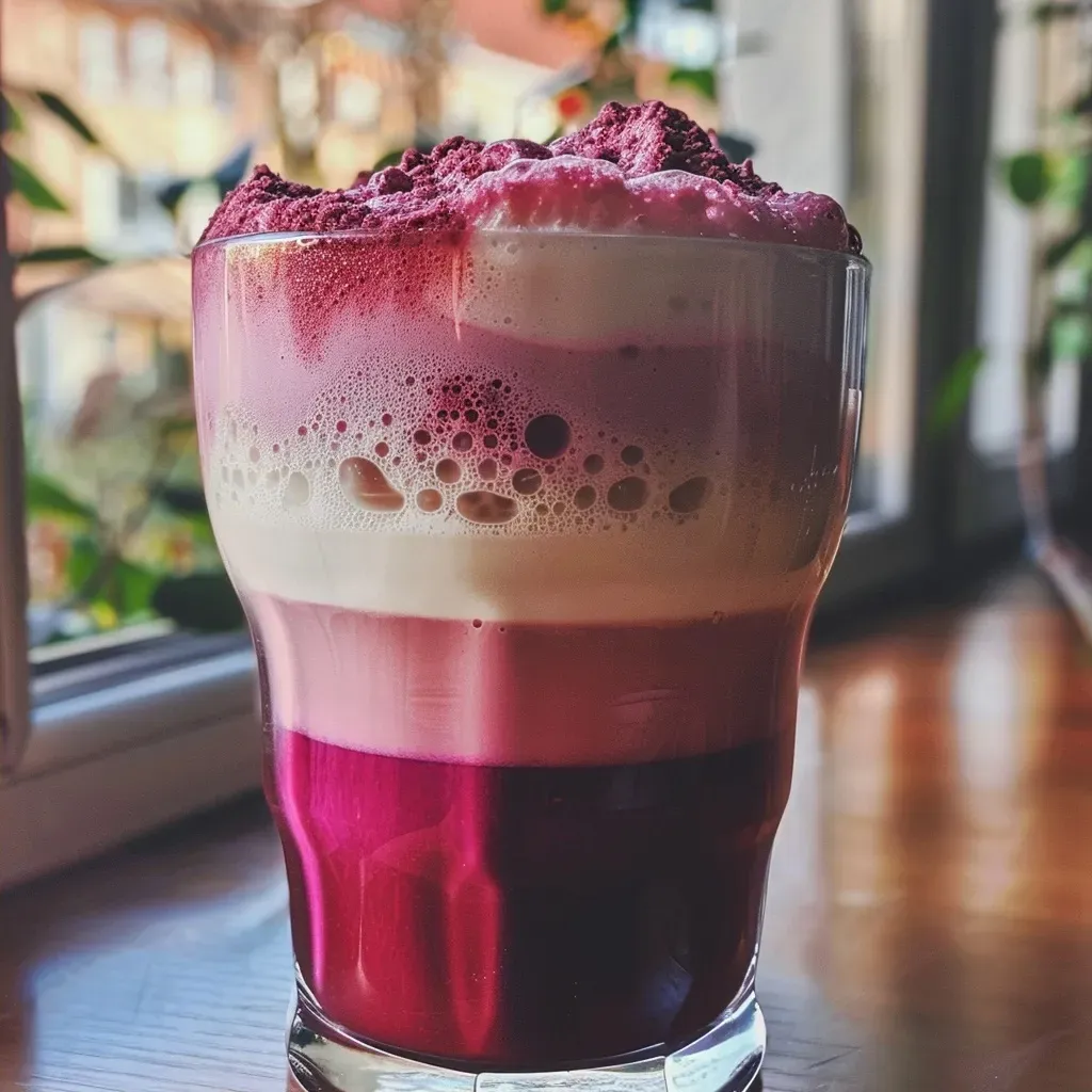 ['Close-up view of a Rote Bete Latte in a clear glass, showcasing its rich red color.', 'Side angle of Rote Bete Latte with a creamy foam top, placed on a wooden table.', 'A vibrant Rote Bete Latte in a glass cup, highlighting its smooth texture and deep hue.', 'Rote Bete Latte displayed with artistic latte art on top, emphasizing its unique color.']