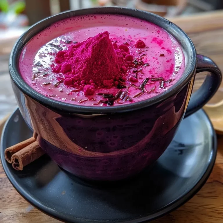 ['Close-up view of a rich, red beetroot latte in a cup with frothy almond milk.', 'Side view of a vibrant beetroot latte showcasing its creamy texture and warm color.', 'Detailed image of a beetroot latte with a sprinkle of cinnamon and ginger on top.', 'Close-up of a beetroot latte cup against a blurred background, emphasizing its vivid hue.']
