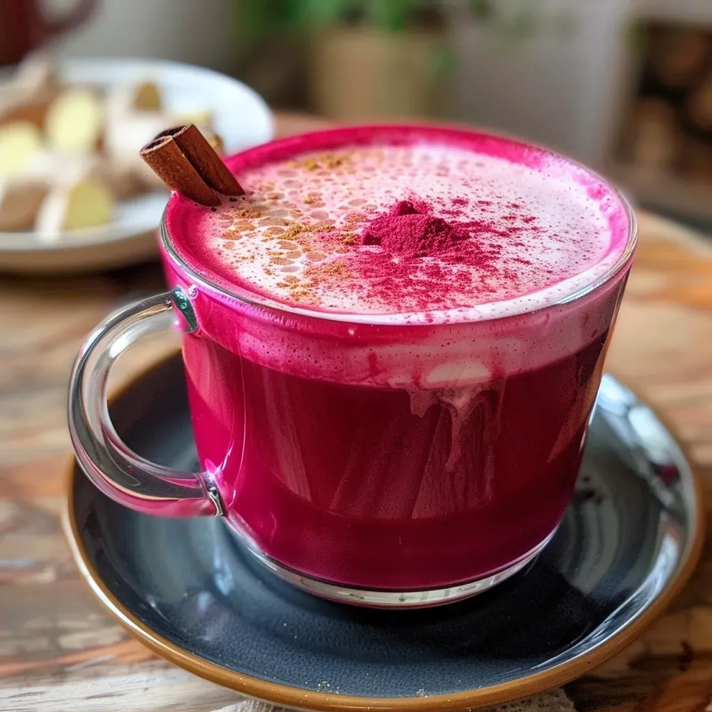 ['Close-up view of a rich, red beetroot latte in a cup with frothy almond milk.', 'Side view of a vibrant beetroot latte showcasing its creamy texture and warm color.', 'Detailed image of a beetroot latte with a sprinkle of cinnamon and ginger on top.', 'Close-up of a beetroot latte cup against a blurred background, emphasizing its vivid hue.']