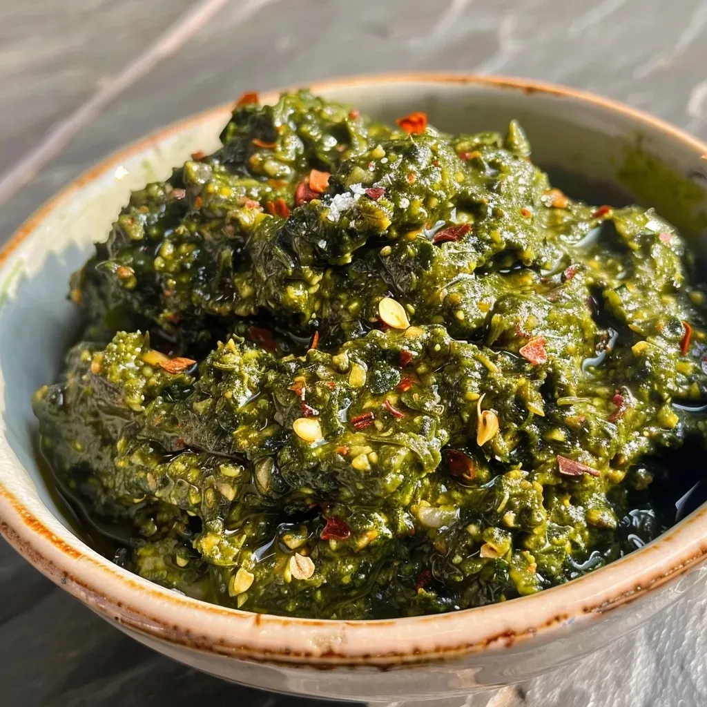 ['Close-up view of vibrant red Rote Bete Pesto in a glass bowl.', 'Side view of rich, colorful Rote Bete Pesto with a spoon resting beside it.', 'Juicy, thick Rote Bete Pesto in a white dish, showcasing its texture.', 'Detailed shot of Rote Bete Pesto highlighting its deep crimson color.']