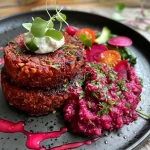 ['Close-up of a vibrant Rote Bete pancake filled with lentil dal, garnished with herbs.', 'Side view of juicy Rote Bete pancakes with a lentil filling, showcasing colorful ingredients.', 'Detailed image of Rote Bete pancakes stuffed with a rich lentil dal, capturing textures and colors.', 'Close-up shot of Rote Bete Pfannkuchen filled with lentil dal, highlighting fresh herbs and spices.']