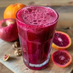 ['A vibrant beetroot smoothie in a clear glass, showcasing a rich purple color.', 'Side view of a thick, creamy beetroot smoothie topped with fresh berries.', 'Close-up of a beetroot smoothie garnished with a slice of banana and chia seeds.', 'A refreshing beetroot smoothie displayed on a wooden table, with ingredients in the background.']