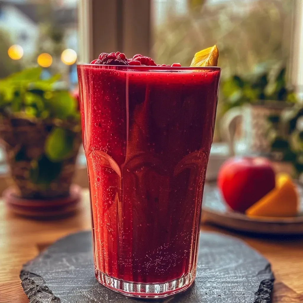 ['A vibrant beetroot smoothie in a clear glass, showcasing a rich purple color.', 'Side view of a thick, creamy beetroot smoothie topped with fresh berries.', 'Close-up of a beetroot smoothie garnished with a slice of banana and chia seeds.', 'A refreshing beetroot smoothie displayed on a wooden table, with ingredients in the background.']