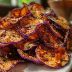 ['Close-up view of crisp, purple Rotkohl chips on a wooden surface.', 'Side view of vibrant Rotkohl chips in a small bowl, glistening with olive oil.', 'Detailed shot of deep purple Rotkohl chips with seasoning, ready to eat.', 'Colorful Rotkohl chips piled on a plate, showcasing their texture and color.']