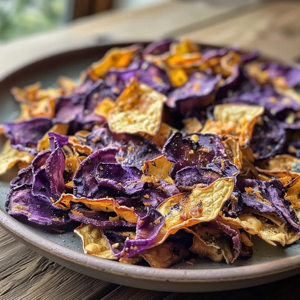 ['Close-up view of crisp, purple Rotkohl chips on a wooden surface.', 'Side view of vibrant Rotkohl chips in a small bowl, glistening with olive oil.', 'Detailed shot of deep purple Rotkohl chips with seasoning, ready to eat.', 'Colorful Rotkohl chips piled on a plate, showcasing their texture and color.']