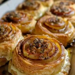 ['Close-up of rolled pastry filled with figs and goat cheese, drizzled with honey.', 'Side view of flaky fig and goat cheese rolls, garnished with herbs.', 'Juicy pastry roll showcasing fig and chèvre filling, topped with honey.', 'Detailed view of fig and goat cheese spiral pastry, with honey glaze.']