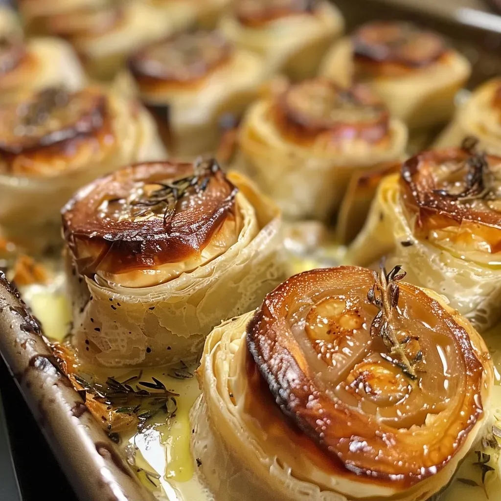 ['Close-up of rolled pastry filled with figs and goat cheese, drizzled with honey.', 'Side view of flaky fig and goat cheese rolls, garnished with herbs.', 'Juicy pastry roll showcasing fig and chèvre filling, topped with honey.', 'Detailed view of fig and goat cheese spiral pastry, with honey glaze.']