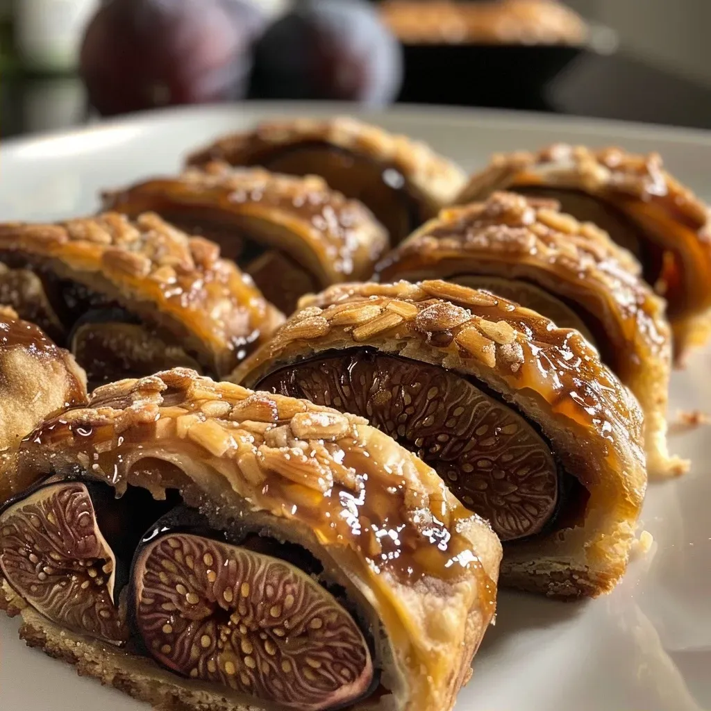 ['Close-up side view of Sahnekaramell Fig Rolls with visible fig filling.', 'Juicy Sahnekaramell Fig Rolls showcasing a flaky pastry exterior.', 'Detailed image of Sahnekaramell Fig Rolls emphasizing the texture and ingredients.', 'A photographic view of Sahnekaramell Fig Rolls highlighting the caramel and fig blend.']