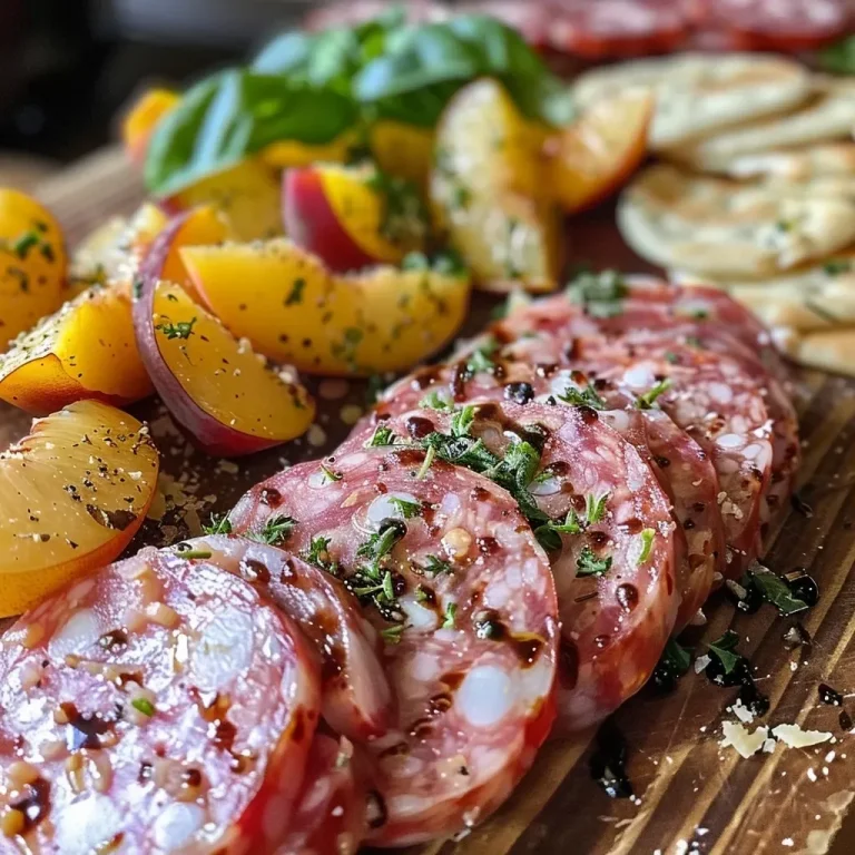 ['Close-up of skewers featuring salami slices and peach chunks, garnished with basil leaves.', 'Skewers with alternating pieces of salami and peach, showcasing fresh ingredients on a plate.', 'Juicy peach and salami skewers arranged, highlighting the vibrant colors and textures.', 'Side view of salami and peach skewers with basil, captured in natural light.']