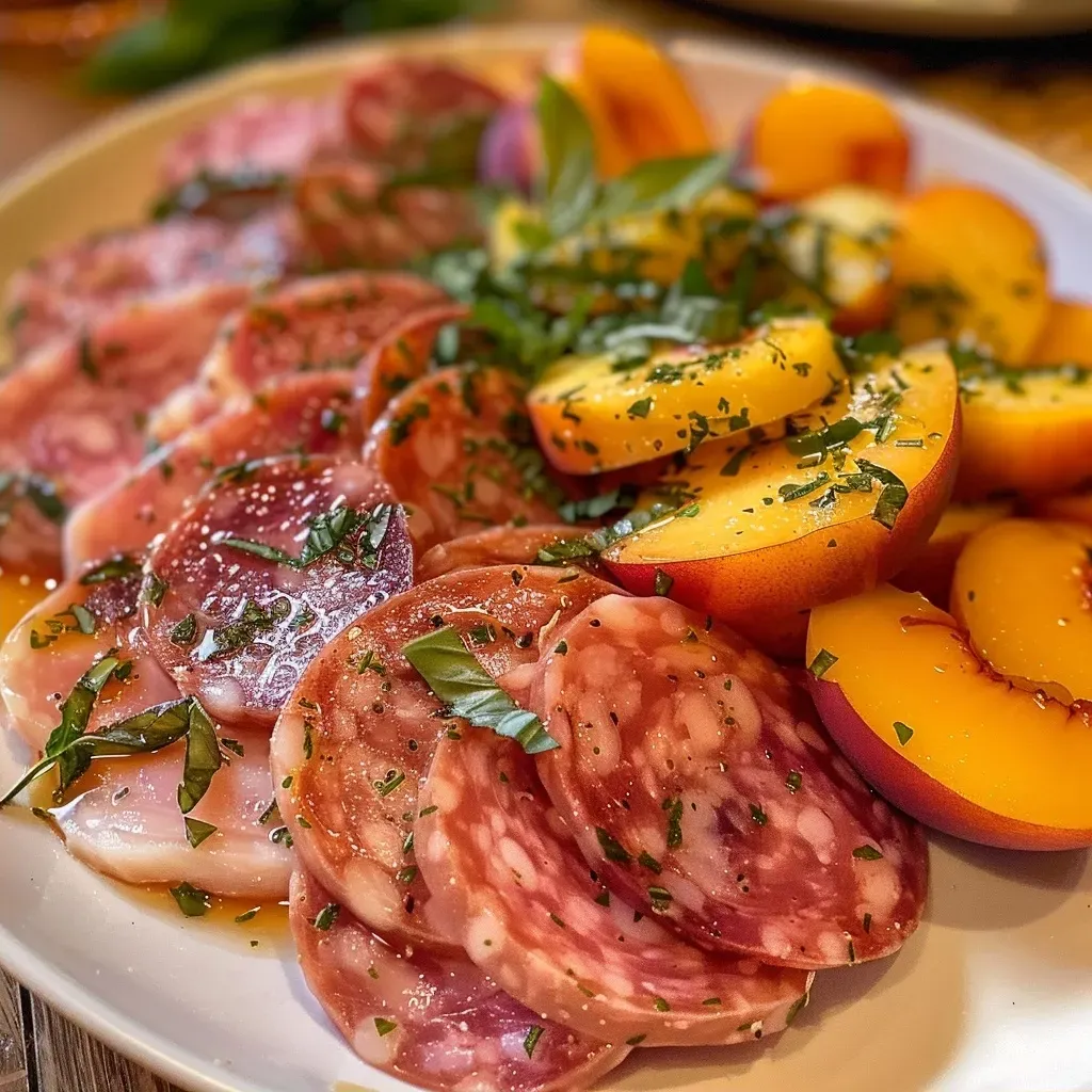 ['Close-up of skewers featuring salami slices and peach chunks, garnished with basil leaves.', 'Skewers with alternating pieces of salami and peach, showcasing fresh ingredients on a plate.', 'Juicy peach and salami skewers arranged, highlighting the vibrant colors and textures.', 'Side view of salami and peach skewers with basil, captured in natural light.']