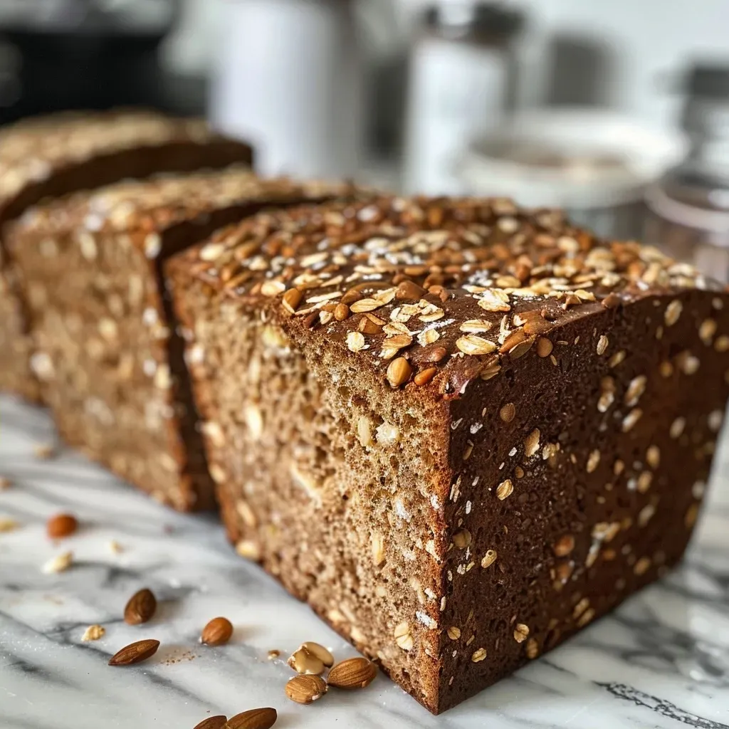 Close-up view of sliced Schnelles Haselnussbrot showcasing its texture and whole hazelnuts.