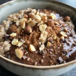 ['Close-up view of a creamy chocolate hazelnut overnight oats in a jar.', 'Side view of a bowl filled with vegan chocolate hazelnut overnight oats topped with hazelnuts.', 'Delicious chocolate hazelnut overnight oats with a sprinkle of cocoa powder and hazelnuts.', 'Close-up of rich chocolate hazelnut overnight oats, showcasing the texture and ingredients.']