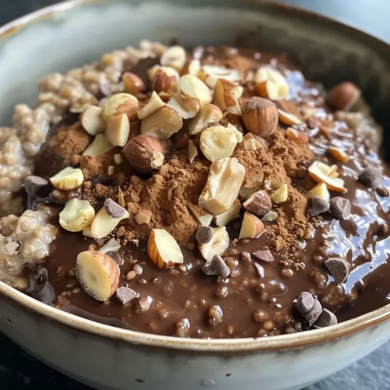 ['Close-up view of a creamy chocolate hazelnut overnight oats in a jar.', 'Side view of a bowl filled with vegan chocolate hazelnut overnight oats topped with hazelnuts.', 'Delicious chocolate hazelnut overnight oats with a sprinkle of cocoa powder and hazelnuts.', 'Close-up of rich chocolate hazelnut overnight oats, showcasing the texture and ingredients.']