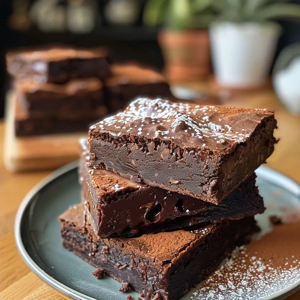 ['Close-up view of Schokoladen-Pflaumen Brownies with a glossy chocolate top.', 'Side view of moist Schokoladen-Pflaumen Brownies with halved plums visible.', 'Rich, dark chocolate brownies with a layer of baked plums on top.', 'Tantalizing Schokoladen-Pflaumen Brownies, showcasing their fudgy texture.']