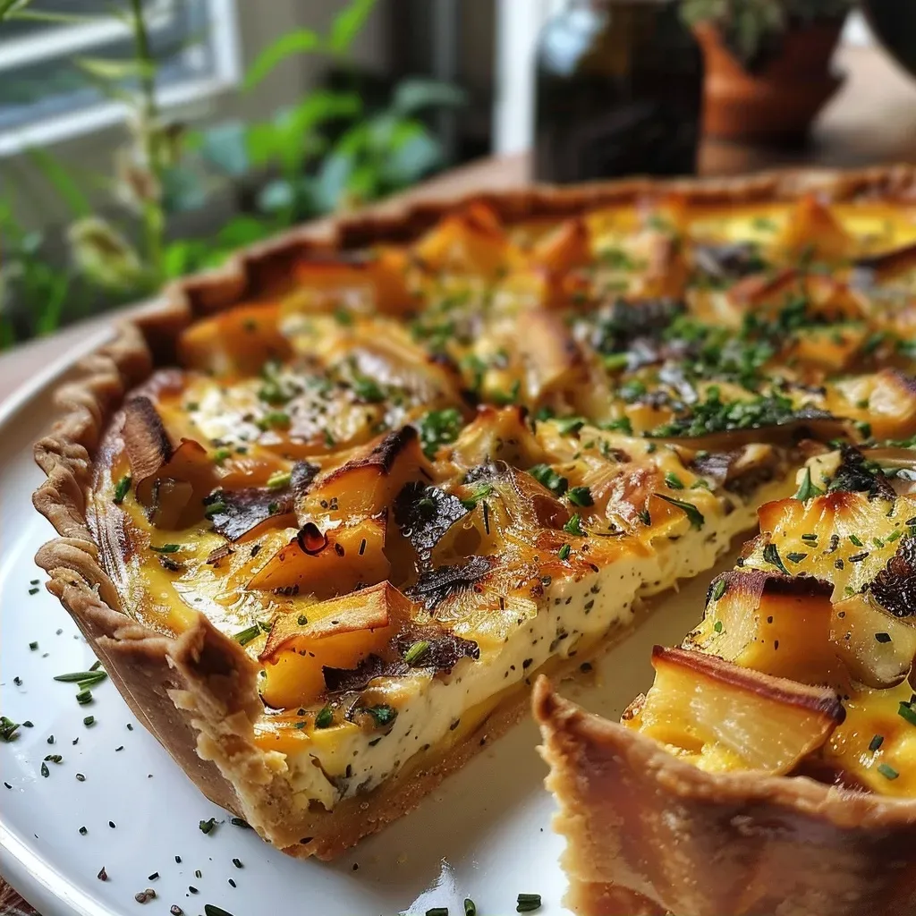 ['Close-up view of a slice of Schwarzwurzel Quiche on a plate, showcasing its fluffy texture.', 'A detailed shot of a savory Schwarzwurzel Quiche, highlighting the golden crust and filling.', 'Side perspective of a delicious Schwarzwurzel Quiche with visible layers and garnishes.', 'Juicy slice of Schwarzwurzel Quiche displayed on a rustic table, emphasizing its rich ingredients.']