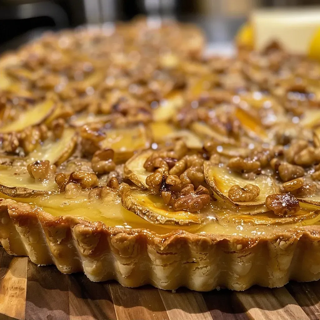 ['A side view of a slice of Schwarzwurzel Tarte topped with walnuts on a plate.', 'Close-up of a delectable Schwarzwurzel Tarte with a golden crust and walnut garnish.', 'A piece of lavish Schwarzwurzel Tarte showcasing its creamy filling and walnut topping.', 'Vibrant side view of a slice of Schwarzwurzel Tarte on a rustic wooden table.']