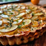 ['A close-up view of a delicious Sellerie Tarte with nuts and clementines.', 'Side view of a Sellerie Tarte garnished with hazelnuts and clementines.', 'Juicy Sellerie Tarte displaying a mix of clementines and nuts.', 'Tantalizing Sellerie Tarte presented with vibrant clementines and hazelnuts.']