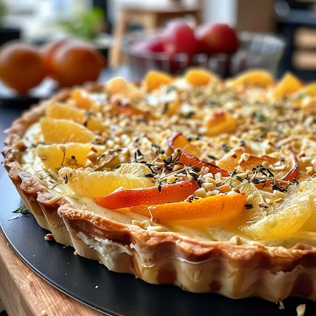 ['A close-up view of a delicious Sellerie Tarte with nuts and clementines.', 'Side view of a Sellerie Tarte garnished with hazelnuts and clementines.', 'Juicy Sellerie Tarte displaying a mix of clementines and nuts.', 'Tantalizing Sellerie Tarte presented with vibrant clementines and hazelnuts.']