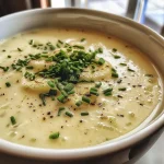 ['Close-up view of a creamy celery soup with a smooth texture and chive garnish.', 'Side angle photo of a bowl of Selleriecremesuppe topped with fresh chopped chives.', 'Luscious cream of celery soup in a white bowl, featuring diced celery and onions.', 'Rich and creamy celery soup served with a sprinkle of chives on top.']