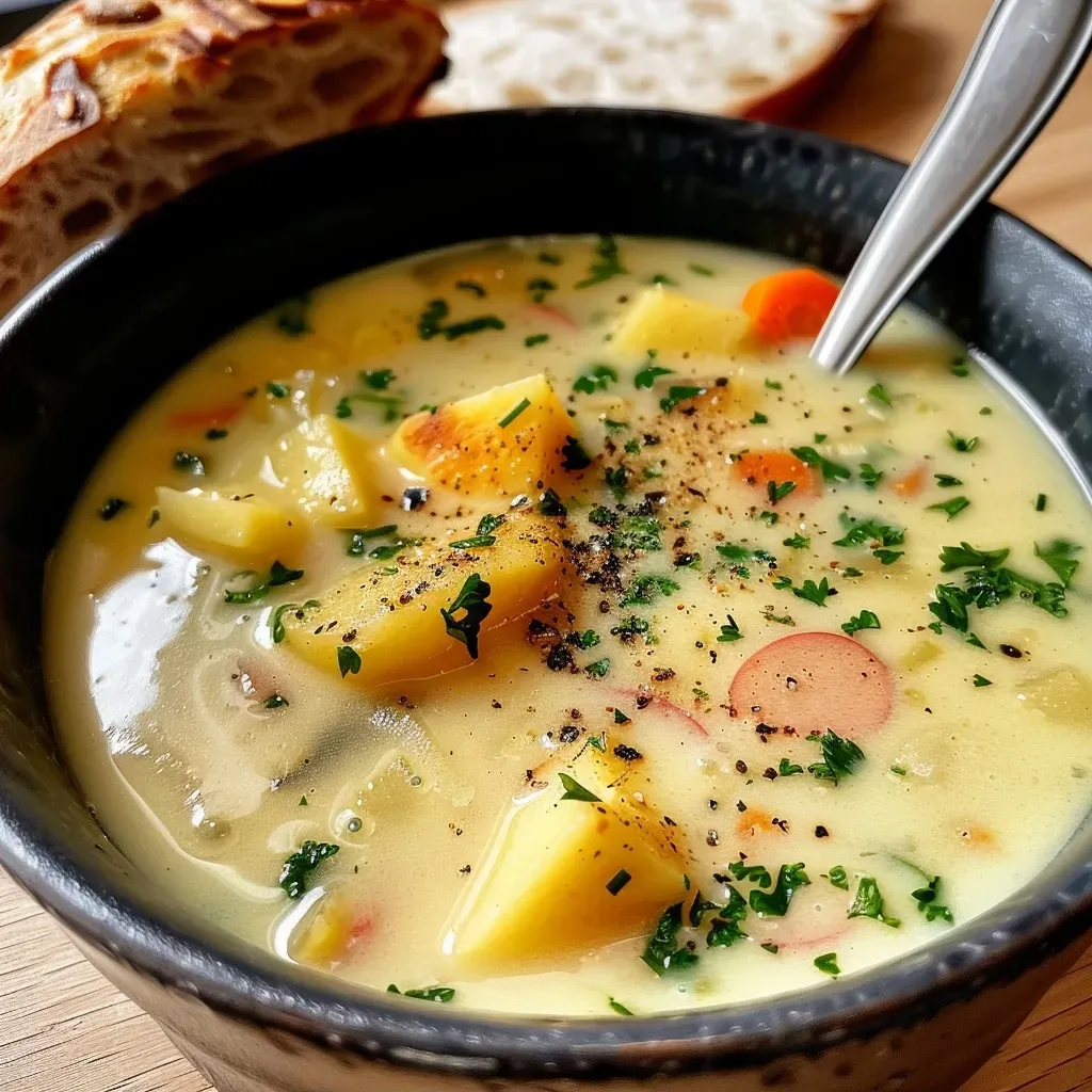 ['Close-up of creamy Selleriesuppe served in a bowl.', 'Side view of delicious celery soup garnished with herbs.', 'A vibrant bowl of Selleriesuppe with bread on the side.', 'Creamy celery soup topped with parsley and served with whole grain bread.']