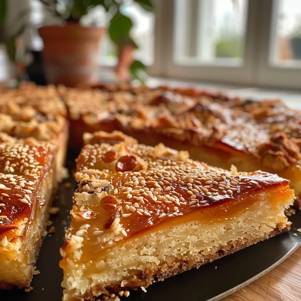 ['Close-up side view of a Sesampfannkuchen filled with quince, showcasing its golden-brown exterior and juicy filling.', 'Detailed view of a Sesampfannkuchen, highlighting the texture and quince filling, with a sprinkle of powdered sugar on top.', 'A succulent Sesampfannkuchen with quince filling, captured from the side to emphasize its layers and ingredients.', 'Image of a Sesampfannkuchen with a rich quince filling, featuring a crispy outer layer and a dusting of powdered sugar.']