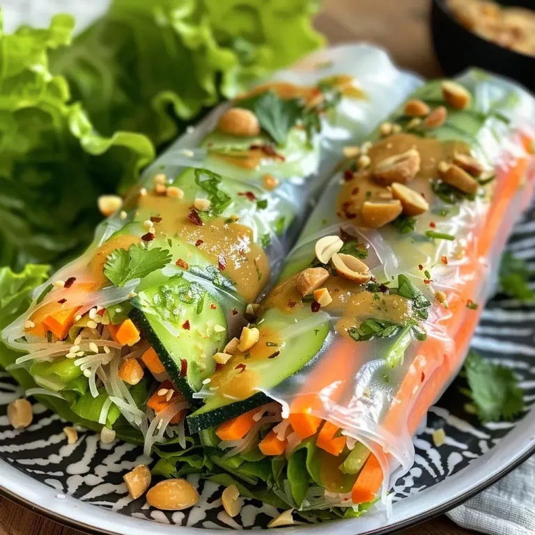 ['Close-up view of summer rolls filled with chanterelles, carrots, and zucchini, garnished with herbs.', 'Side angle of vibrant summer rolls showcasing colorful vegetables and peanut sauce dip.', 'Juicy summer rolls with visible chanterelles and fresh greens, served on a plate.', 'Delicious summer rolls filled with rice noodles and vegetables, accompanied by spicy peanut sauce.']