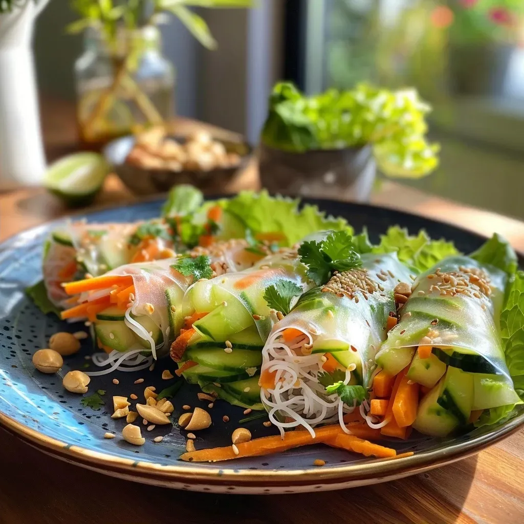 ['Close-up view of summer rolls filled with chanterelles, carrots, and zucchini, garnished with herbs.', 'Side angle of vibrant summer rolls showcasing colorful vegetables and peanut sauce dip.', 'Juicy summer rolls with visible chanterelles and fresh greens, served on a plate.', 'Delicious summer rolls filled with rice noodles and vegetables, accompanied by spicy peanut sauce.']