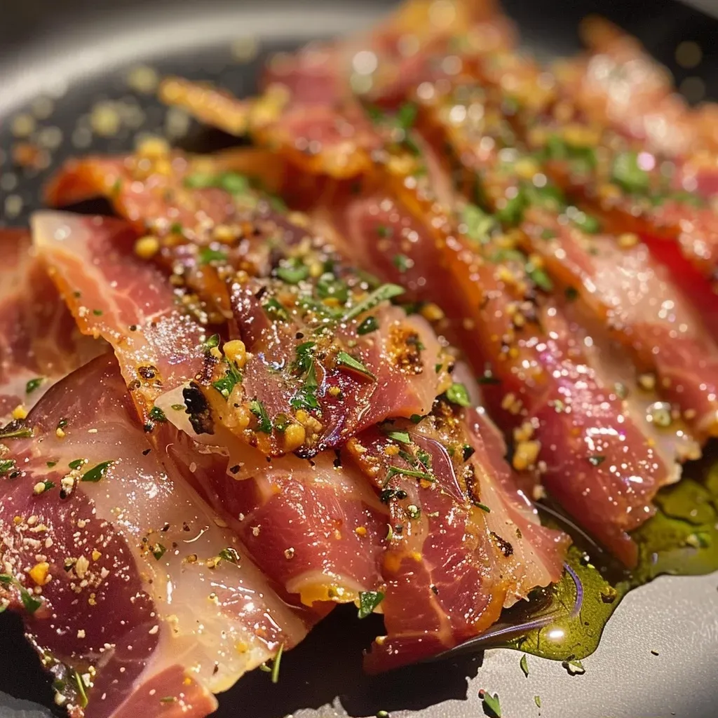 ['Close-up of juicy Speckpflaumenspieße with bacon-wrapped plums.', 'Side view of savory bacon-wrapped plums arranged on a plate.', 'Freshly made Speckpflaumenspieße displayed in a appetizing manner.', 'Delicious, glossy plums wrapped in crispy bacon, ready to eat.']
